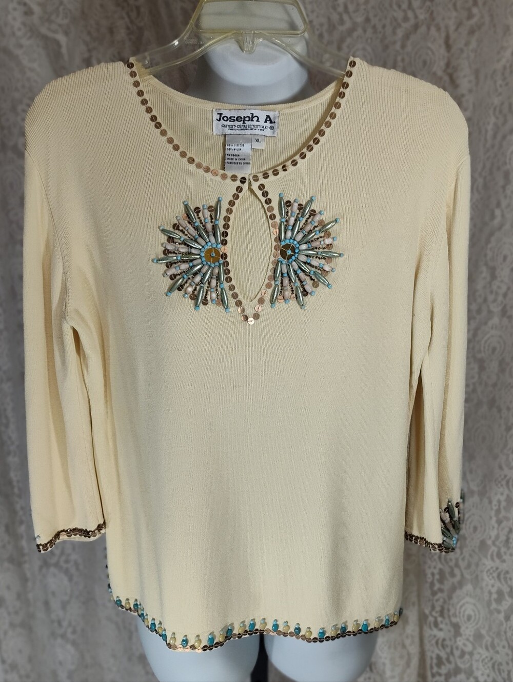 Joseph A. Cream Long-Sleeve Knit Top with Turquoise & Gold Beaded Accents